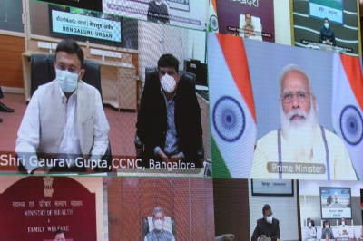 Karnataka Chief Minister BS Yediyurappa attends an interaction called by PM Modi to converse about the experience of officials from States & Districts in handling the #COVID19 pandemic